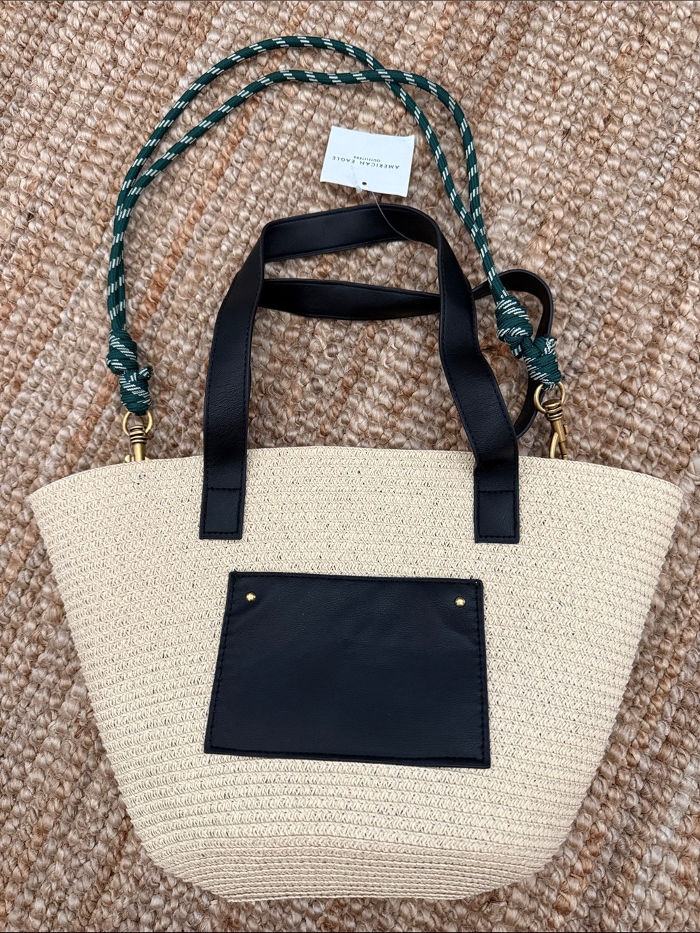 American Eagle Outfitters Straw Tote with Black Trim and Green Rope Strap